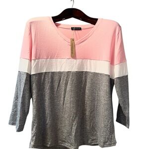Gray Pink White Cotton blend 3/4 Sleeve V-neck T-shirt XL
